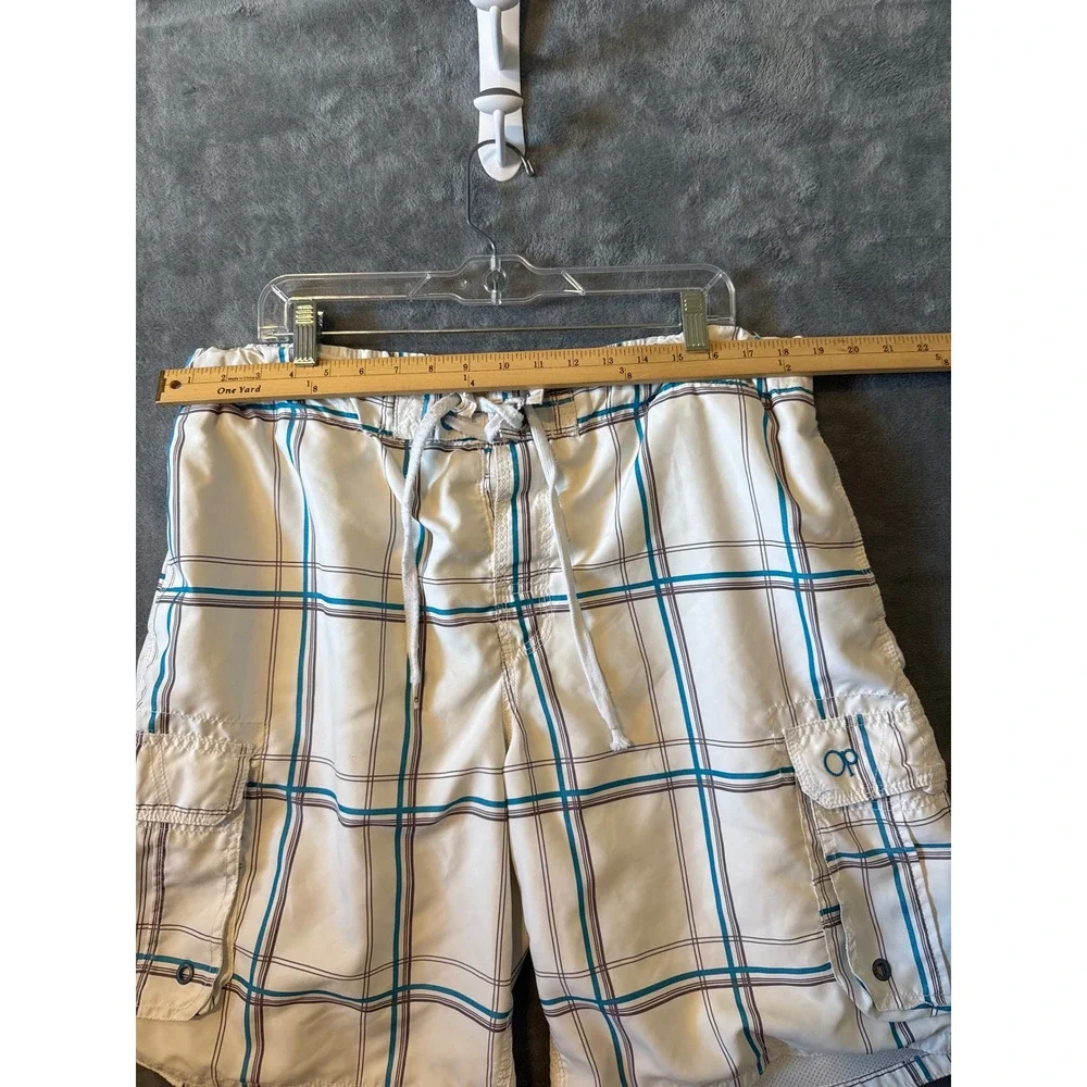 OP Ocean Pacific Mens Plaid Board Shorts White Blue Cargo Swim Trunks XL 40-42